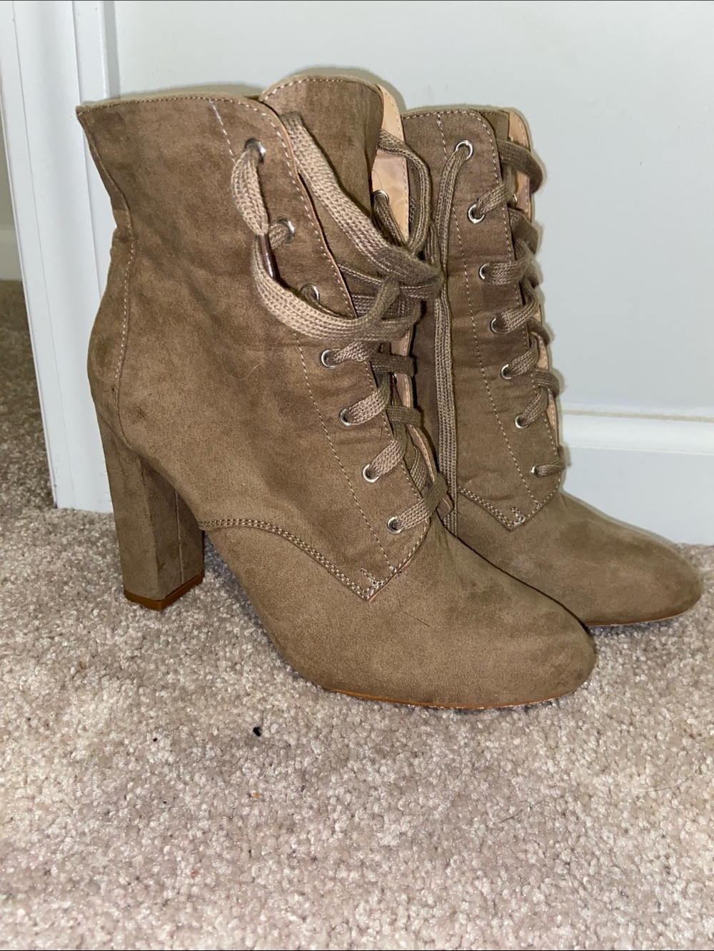 JustFab Taupe Lace-Up Suede Block Heel Ankle Boots